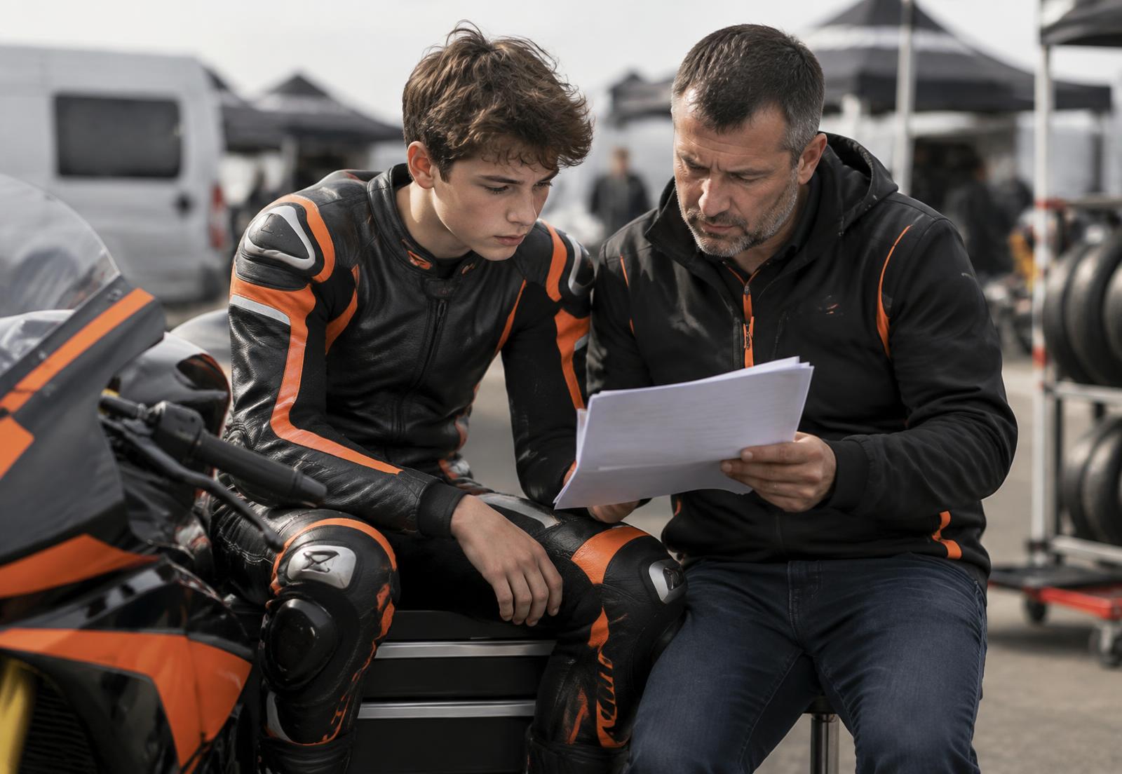 Young road racer and parent reviewing sponsorship documents